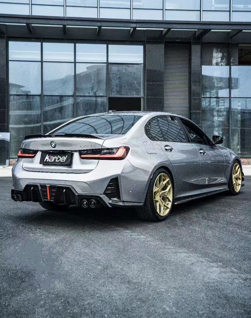 BMW 3 Series 330i (with M-package bumper, does not fit base model) M340i G20 G21 LCI 2023 2024 with Aftermarket Parts - V2 Style Diffuser & Canards Pre-preg Carbon Fiber from Karbel Carbon