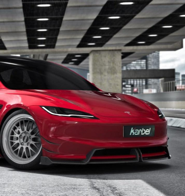 Tesla Model 3 Highland 2024-ON with Aftermarket Parts - Front Lip Pre-preg Carbon Fiber from Karbel Carbon