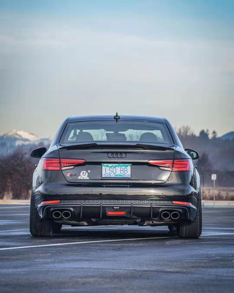 Audi S4 A4 (with S-line bumper, does not fit base model) B9 2017 2018 2019 with Aftermarket Parts - V1 (With LED Light) & V2 (Without LED Light) Style Rear Diffuser Pre-preg Carbon Fiber from Karbel Carbon
